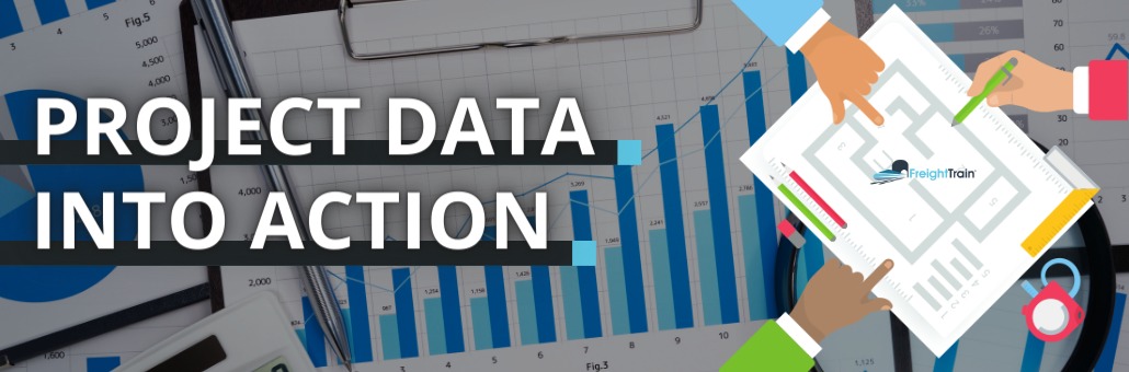 Image has the words "Project Data into Action" and shows hands from different project team members working on a project plan document